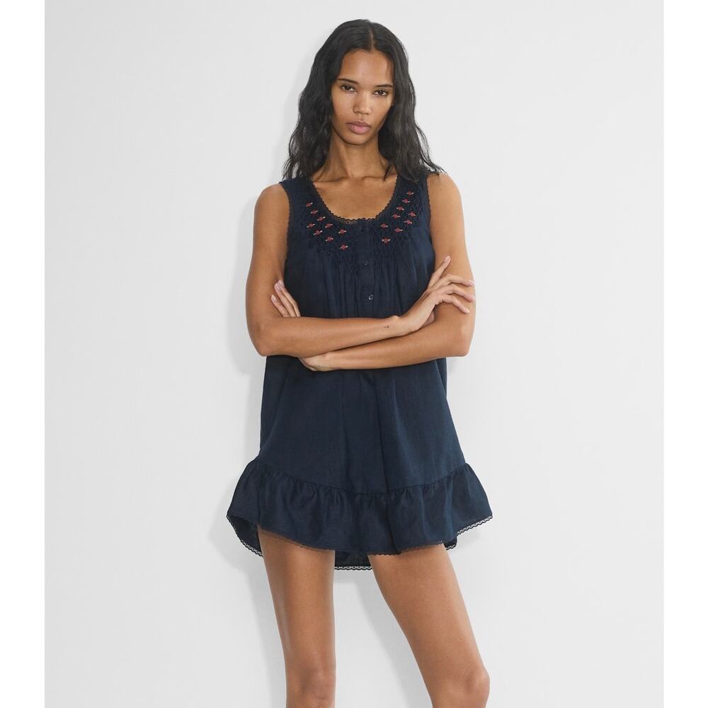 Aritzia Sunday Best Karina Linen Smocked Babydoll Dress XS navy blue lace rose - Picture 2 of 14